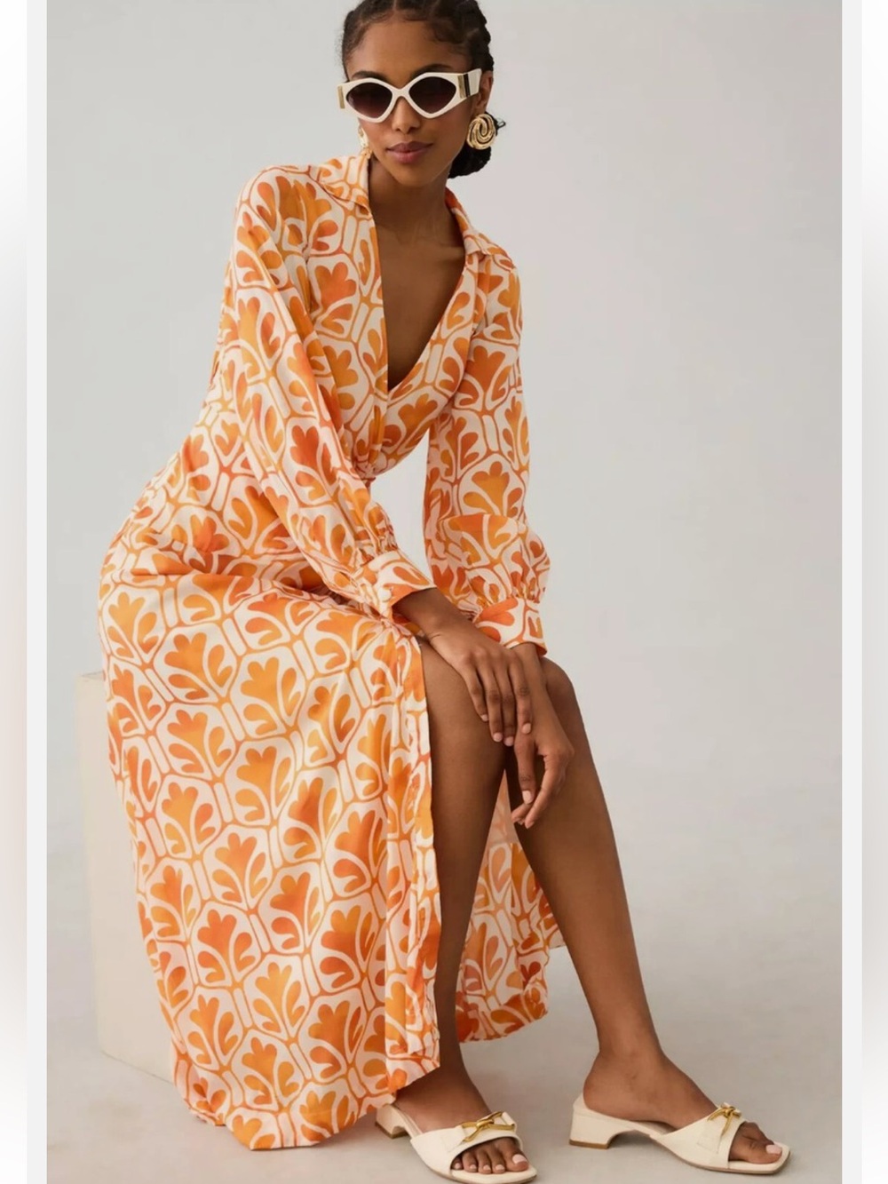 Anthropologie Orange and Cream Maxi Dress with Retro Floral Print